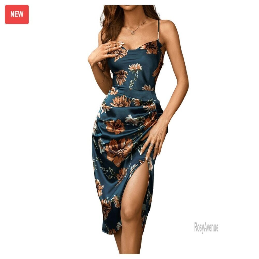 Satin Cowl Neck Ruched Midi Dress, Spaghetti Strap, Split Thigh